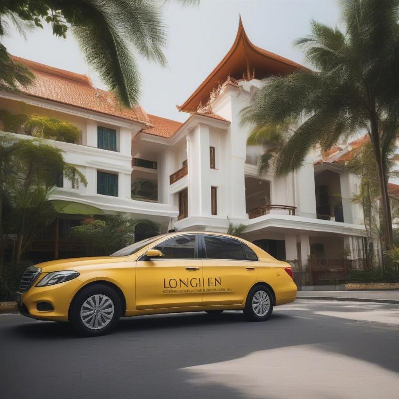 Dịch vụ taxi Long Điền chất lượng cao: Hình ảnh một chiếc taxi hiện đại, sạch sẽ đỗ trước một khu nghỉ dưỡng sang trọng tại Long Điền, với tài xế đang mở cửa xe cho khách.